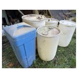 55gal & 3- 30gal Plastic Drums & Trash Can