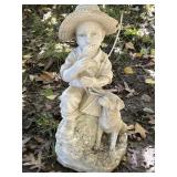 Fishing boy & dog resin yard statue, 18in.,