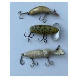 3 vtg fishing lures - Heddon Tadpolly, Arbogast
