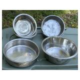 6 stainless water bowls, 8-11in diameters