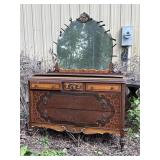 Ant. 5 drawer dresser w/applied wood markings,