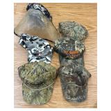 6 camo baseball caps, one with visor.