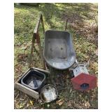 Wheelbarrow, Wooden Sawhorse, Bird Feeder, Dog