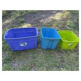 3 colored plastic storage totes, no lids,