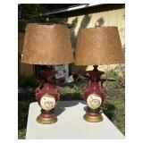 Pair of hand painted urn style table lamps, 28in