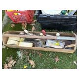 Vtg wood tool box w/drywall tools, 36 x 8.5 x 6in
