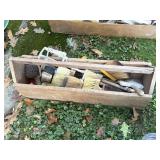 Vtg wood tool box with several brushes & metal