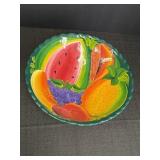 Handpainted pottery bowl, fruit design.  12in dia.