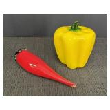 2 hand blown glass peppers, chili pepper & yellow,