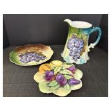 Grape & fruit motif pitcher & plates, pitcher is