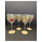 4 handpainted wine glasses, fruit motif, 8.5in