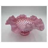 Fenton Cranberry Glass Hobnail Ruffle Bowl