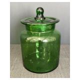 Green glass apothecary jar, 10in tall x 6.75in