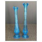 2 blue glass bud vases, 8.25 & 9in tall.