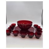 Ruby Red Punch Bowl, Cups & Serving Platter