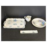 Porcelain Blue Floral & Birds Tray, Plate, Creamer