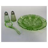 Hazel Atlas salt & pepper, ladle, butter dish base