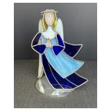 Stained-glass angel on round mirror, 9in tall,