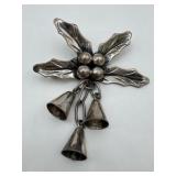 Sterling 925 Holly Leaf w/ Bells Brooch