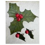 Holly Sprig w/ Red Berries Pin & Earrings
