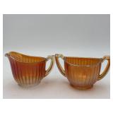 Marigold Carnival Glass Paneled Cream & Sugar