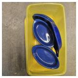 Blue Ceramic Bowls in Yellow Container