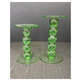 Pair of green bubble stem glass candlesticks,