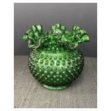 Emerald Green Hobnail Ruffled Crimped Glass Vase,