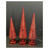 3 Red Tin Punched & Plastic Light Up Trees 12-16"