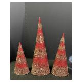 3 Glitter, Beads, & Sequin Red & Gold Cone Trees