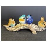 Colorful birds on a tree branch, 13in W x 7.75in H