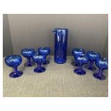 Cobalt blue glass pitcher & 8 stemmed glasses,