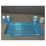 Aqua blue glass tray, salt & pepper, & 2 nut cups.