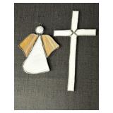 Stained glass angel & cross, 5 & 8in