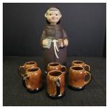 Vintage Ceramic Monk Decanter w/ Matching Mugs