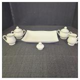 White Porcelain Creamer and Sugar Bowls with Tray