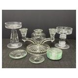 3 glass candleholders, one candelabra style, &