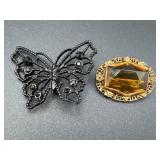 Butterfly Brooch & Vtg. Amber Glass Brooch