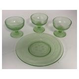 Uranium Green Glass Clover Sherbet Cups & 8" Plate