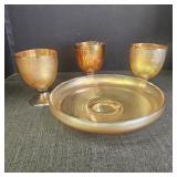 Vintage Marigold Carnival Glass Bowl & Goblets