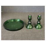 Green Glass 6.5" Plate & Candlestick Holders