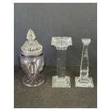 11" Glass Jar & 2 Glass Candlestick Holders