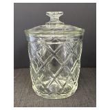 Heavy pressed glass diamond pattern lidded jar,