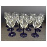 12 clear & cobalt blue stemmed glasses, 6 3/4in