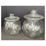 2 apothecary glass fishbowl shaped jars w/lids,