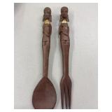 Vtg African hand carved tiki spoon & fork