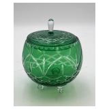 Green Cut-To-Clear Glass Candy Footed Bowl w/ Lid