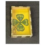 Vtg Four Leaf Clover metal box game, 2.5 x 4in