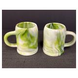 2 green & white swirl slag glass mugs, 4in tall