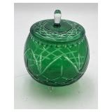 Green Cut-To-Clear Glass Candy Footed Bowl w/ Lid